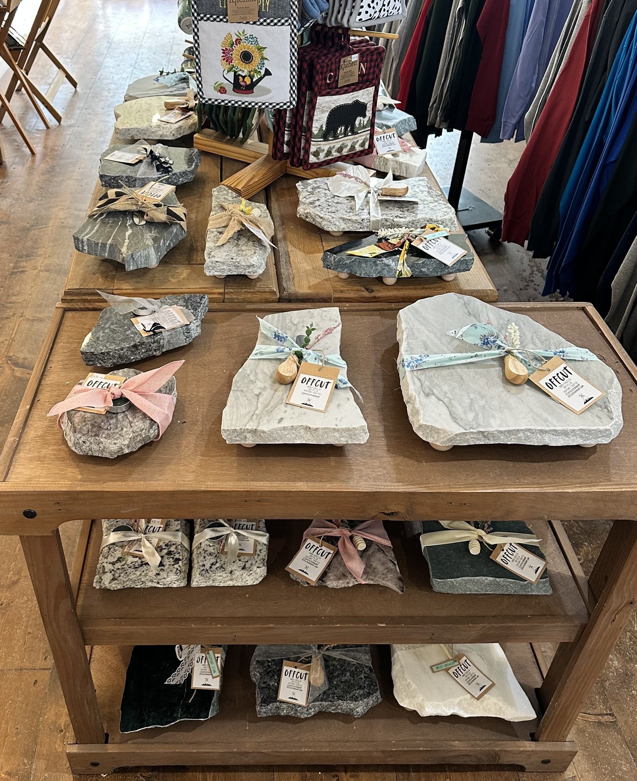 Offcut stone trays on display in a Vermont shop